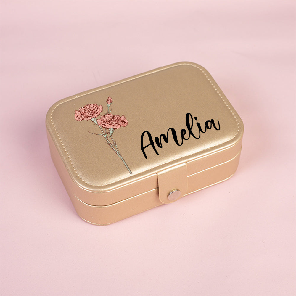 Personalized Birth Flower Leather Travel Jewelry Box with Name Waterproof Multiple Compartments Birthday Bridesmaid Gift for Women Girls