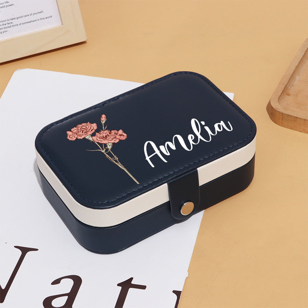 Personalized Birth Flower Leather Travel Jewelry Box with Name Waterproof Multiple Compartments Birthday Bridesmaid Gift for Women Girls