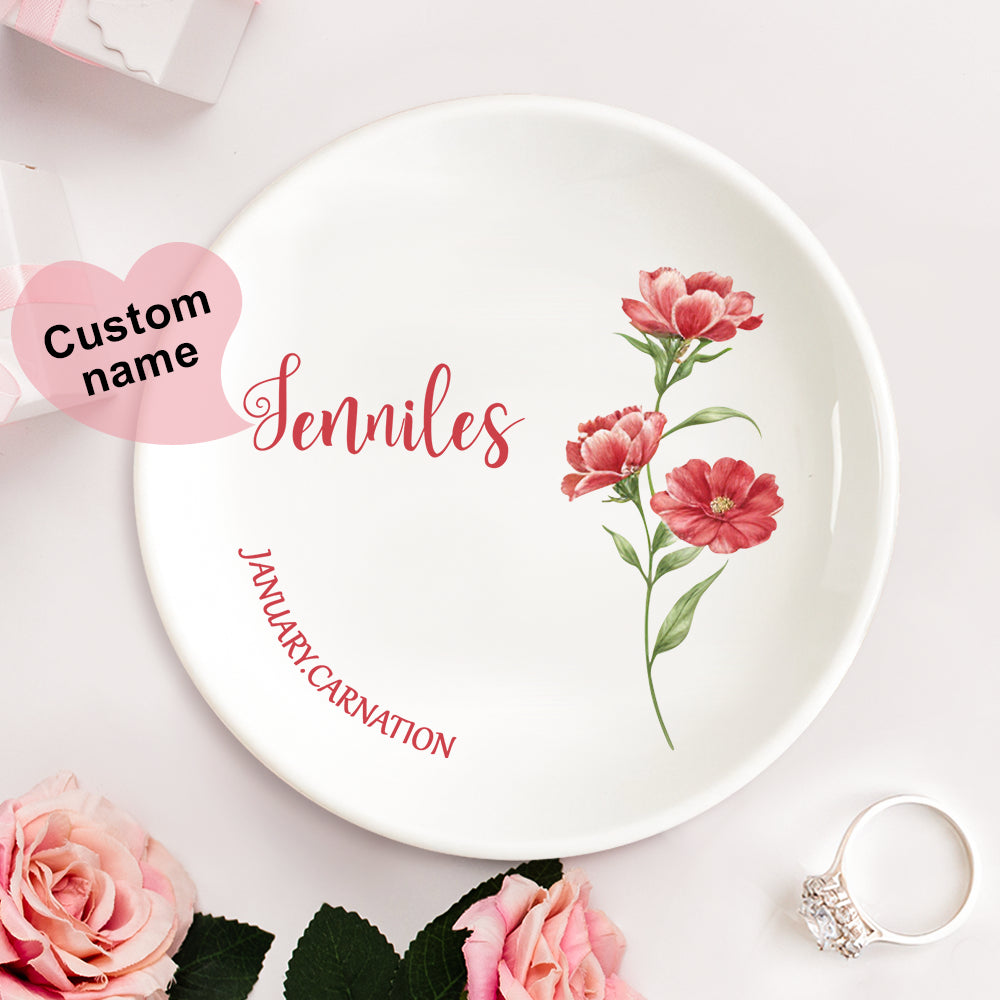 Personalized Birth Flower Floral Ring Jewelry Dish Gift for Her