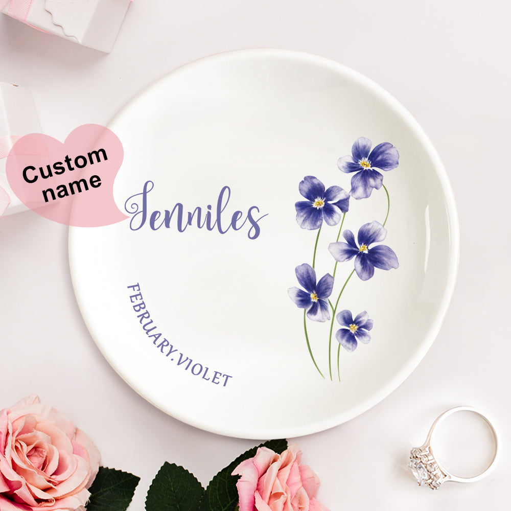 Personalized Birth Flower Floral Ring Jewelry Dish Gift for Her