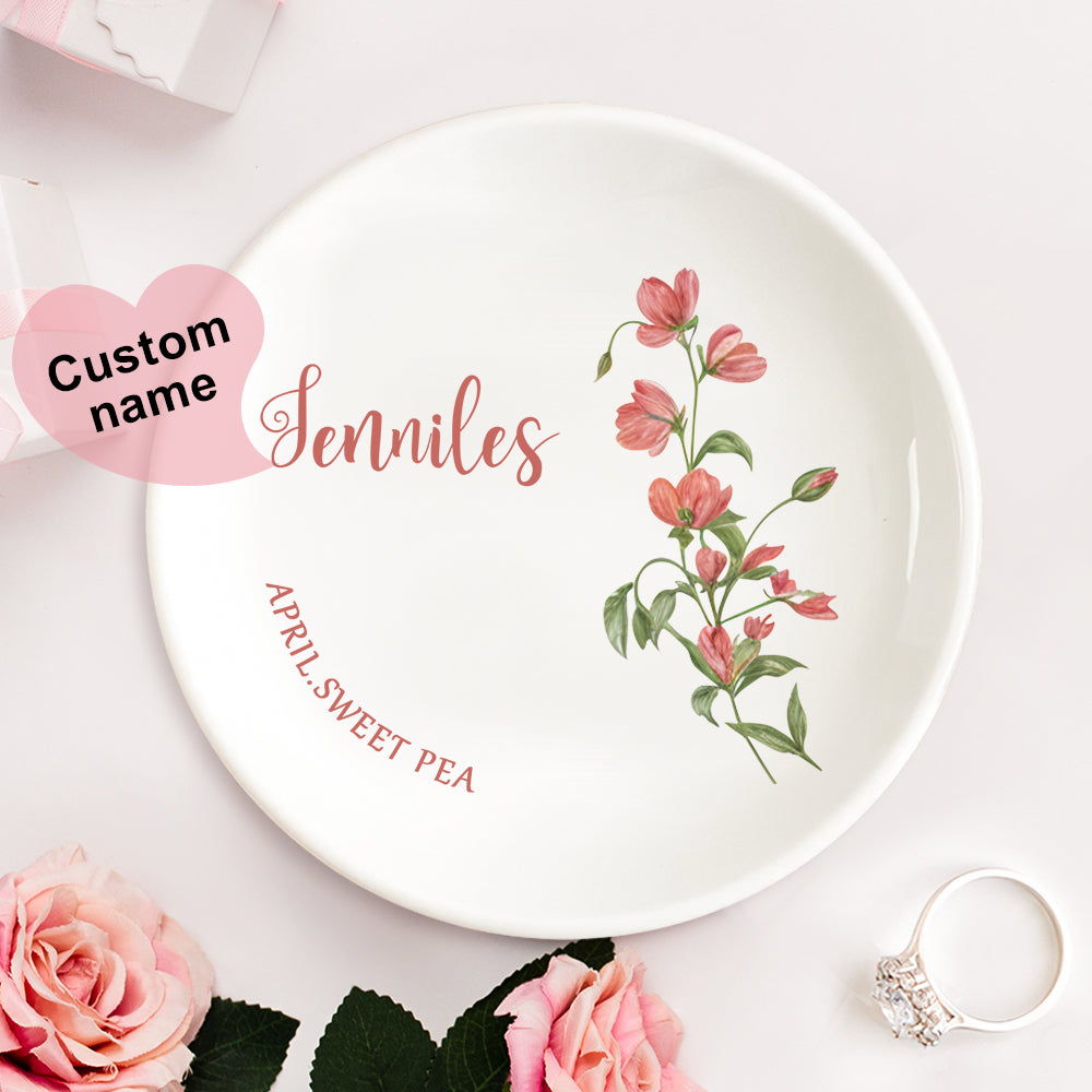 Personalized Birth Flower Floral Ring Jewelry Dish Gift for Her