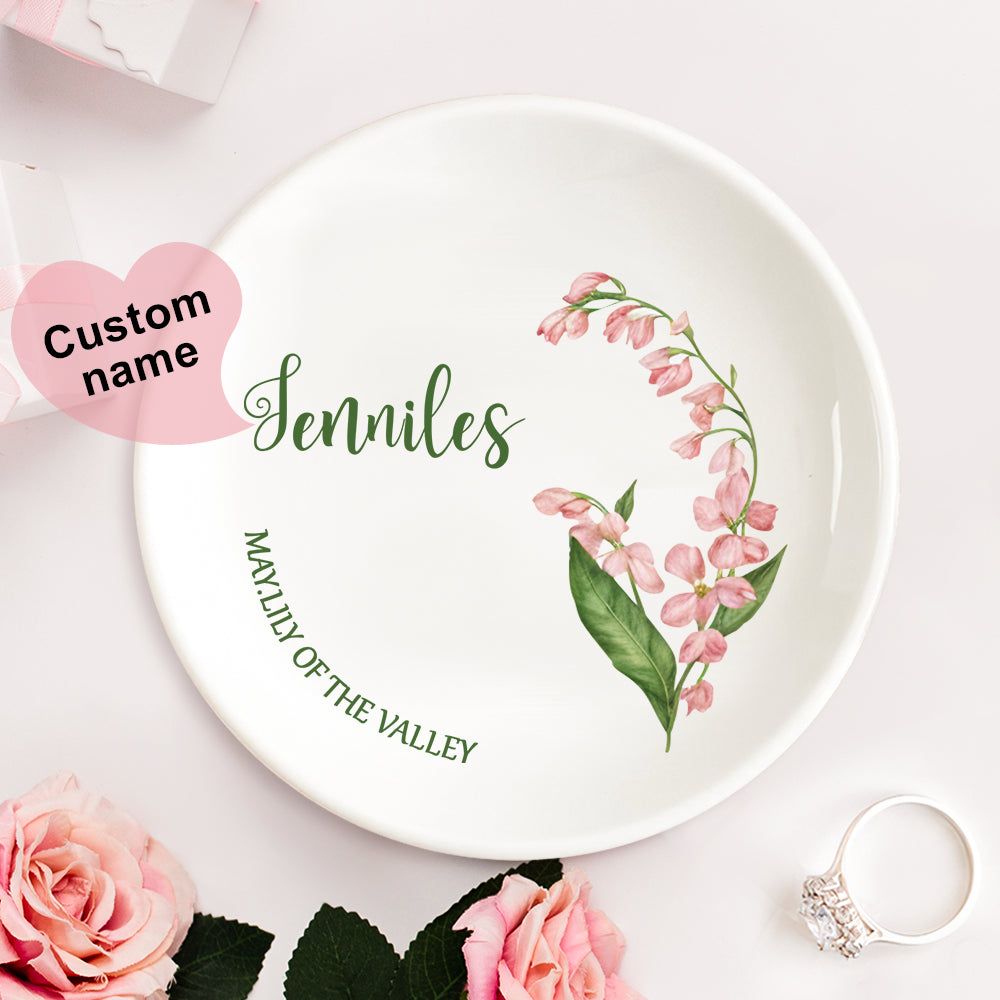 Personalized Birth Flower Floral Ring Jewelry Dish Gift for Her