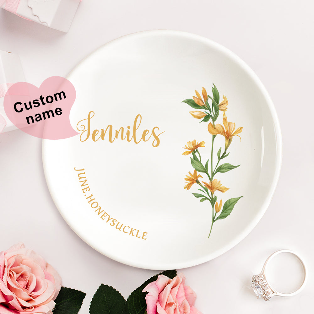 Personalized Birth Flower Floral Ring Jewelry Dish Gift for Her