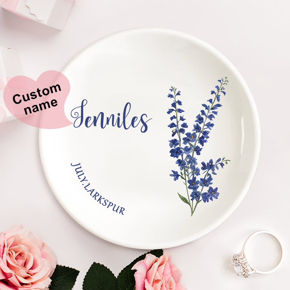 Personalized Birth Flower Floral Ring Jewelry Dish Gift for Her