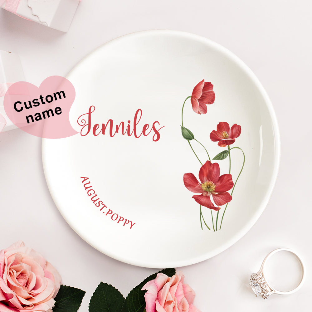 Personalized Birth Flower Floral Ring Jewelry Dish Gift for Her