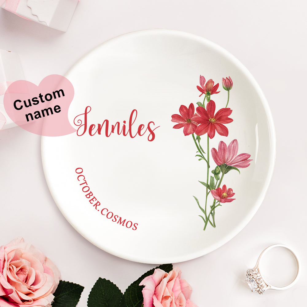 Personalized Birth Flower Floral Ring Jewelry Dish Gift for Her