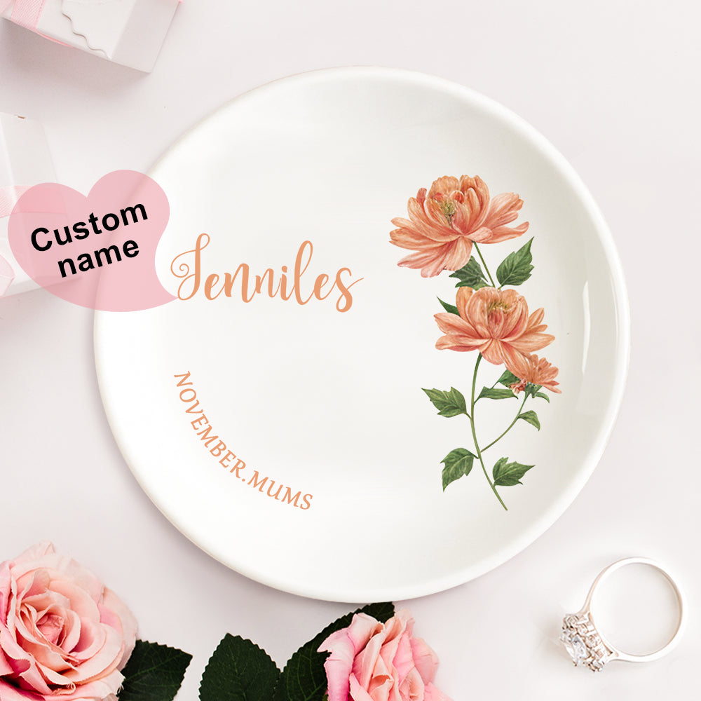 Personalized Birth Flower Floral Ring Jewelry Dish Gift for Her