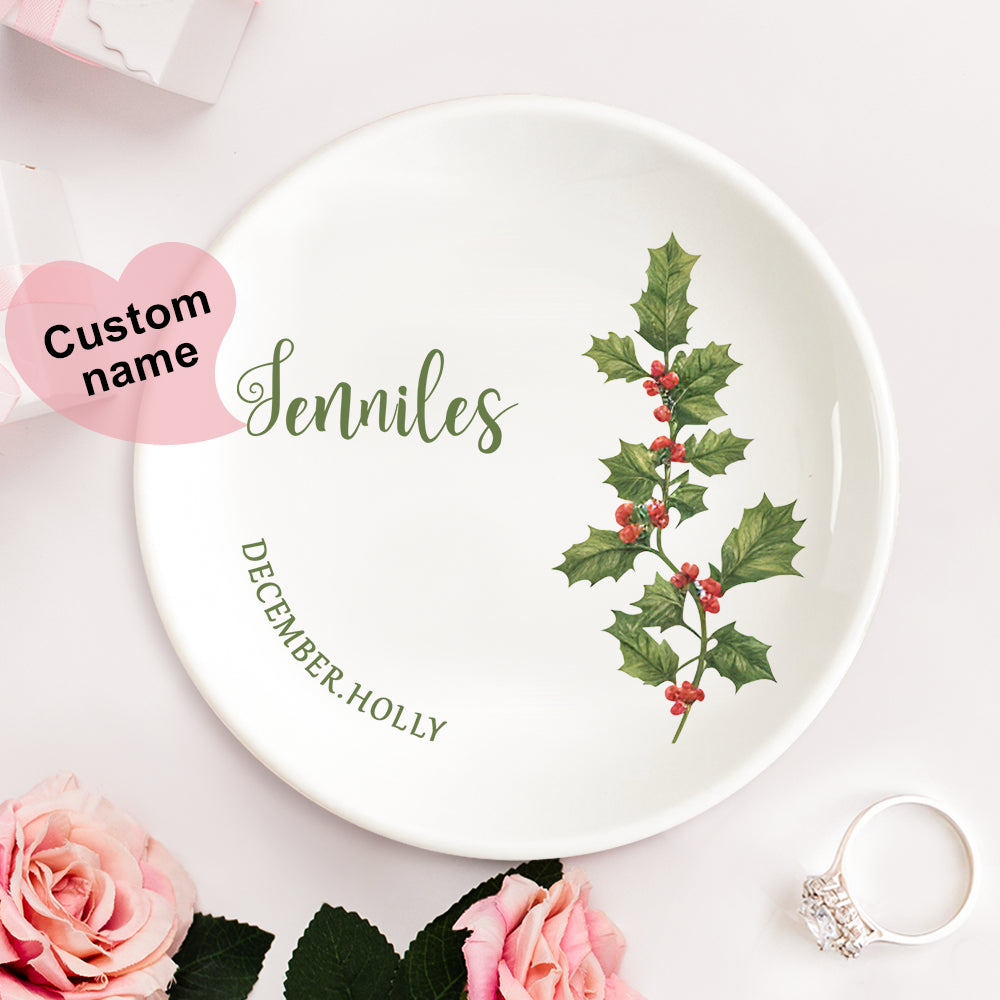 Personalized Birth Flower Floral Ring Jewelry Dish Gift for Her