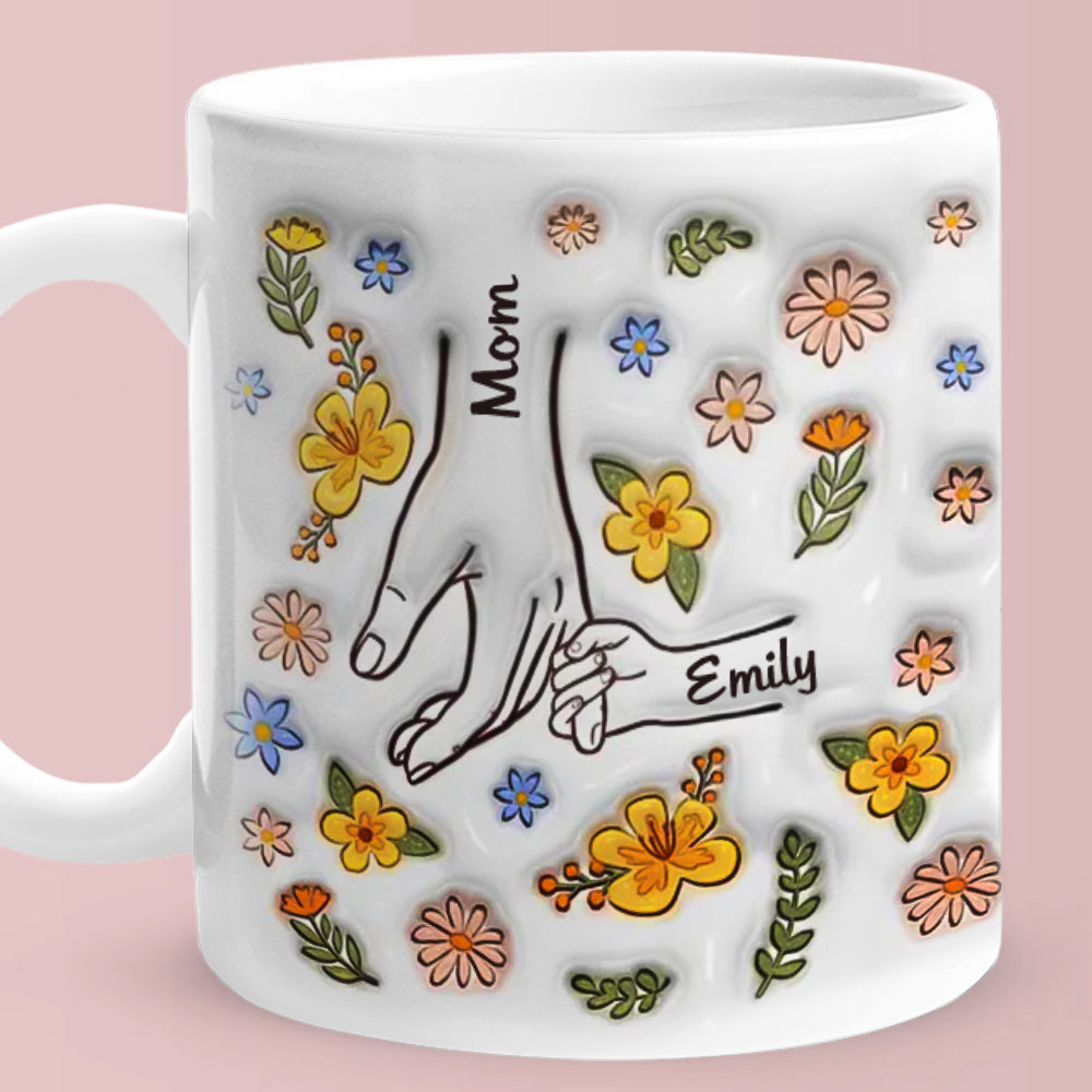 Personalized Names Engraved Hand in Hand Mug with Floral Mother's Day Gifts