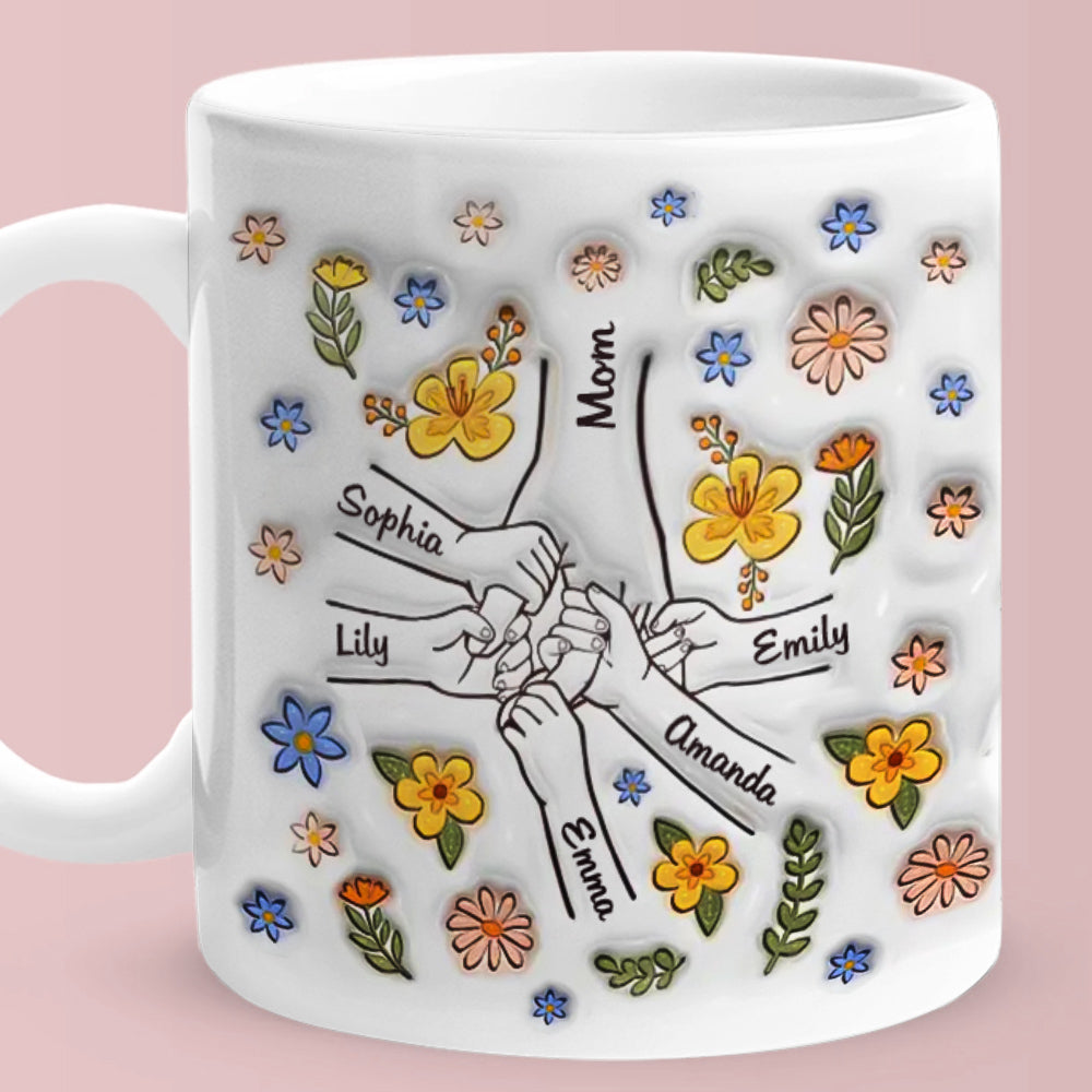 Personalized Names Engraved Hand in Hand Mug with Floral Mother's Day Gifts