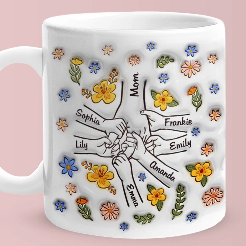 Personalized Names Engraved Hand in Hand Mug with Floral Mother's Day Gifts