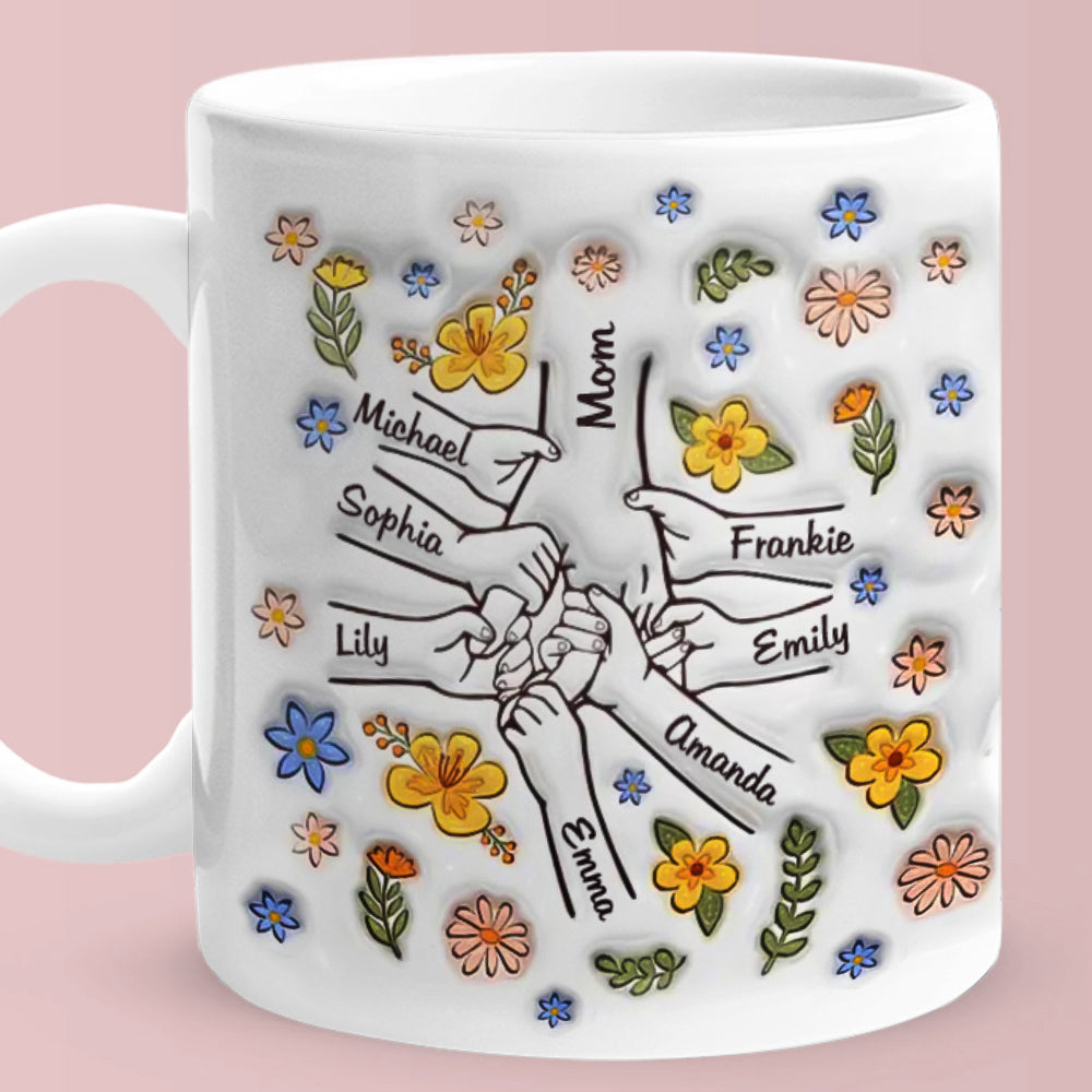 Personalized Names Engraved Hand in Hand Mug with Floral Mother's Day Gifts