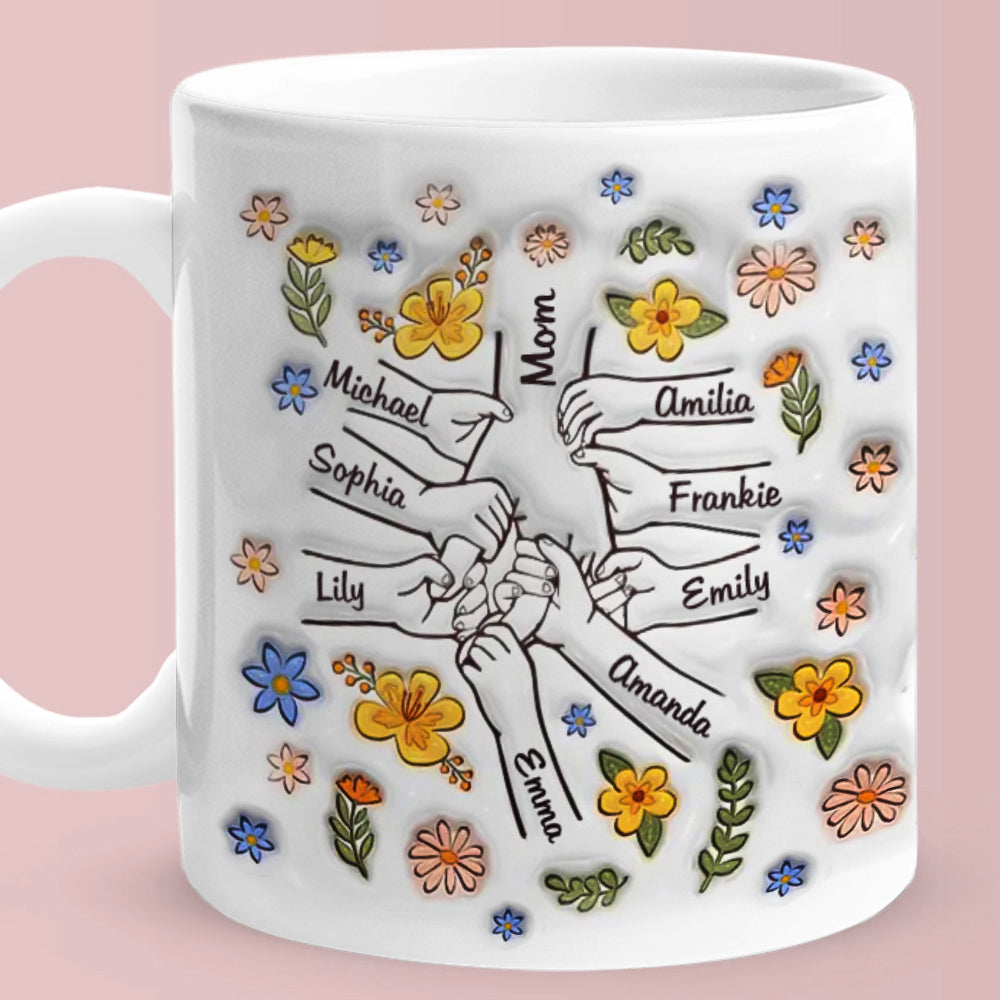 Personalized Names Engraved Hand in Hand Mug with Floral Mother's Day Gifts