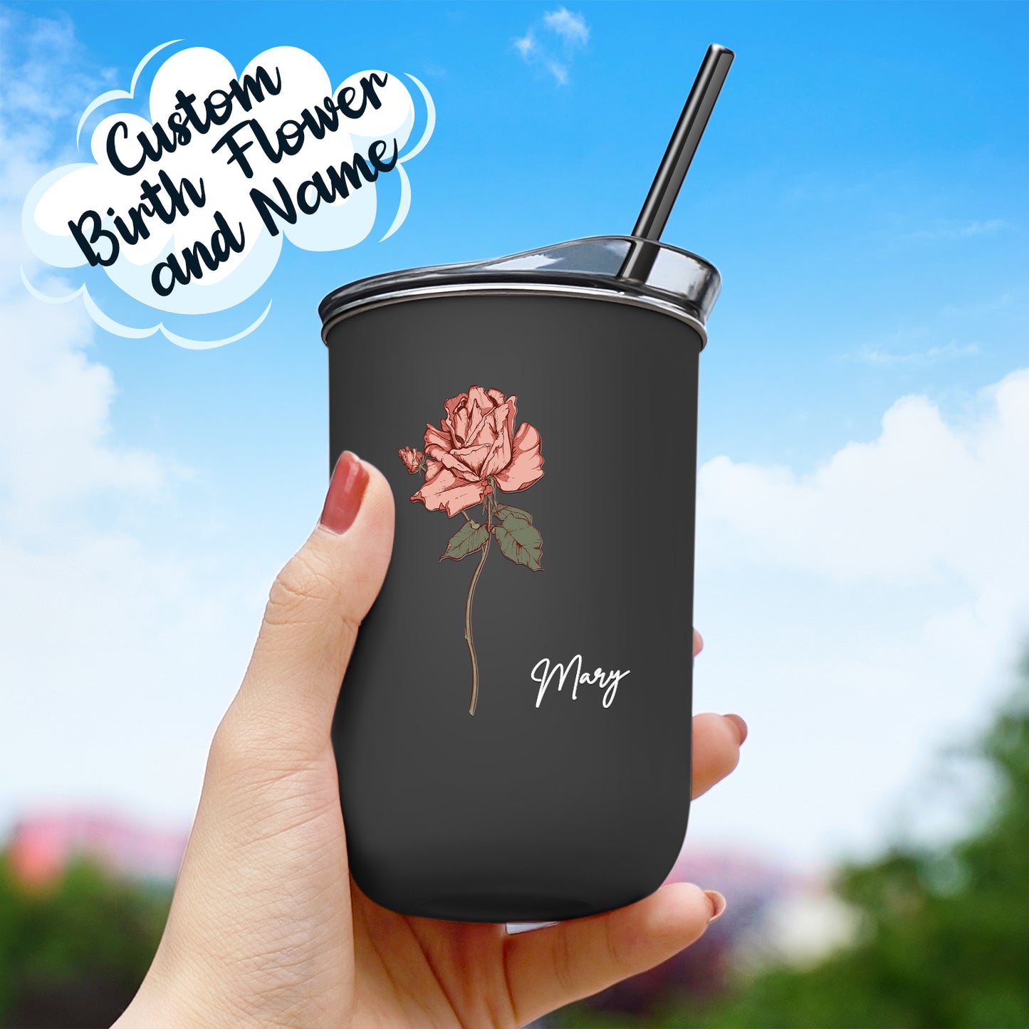 Custom Name Birth Flower Straw Coffee Cup 12oz/350ml - Personalized and Stylish