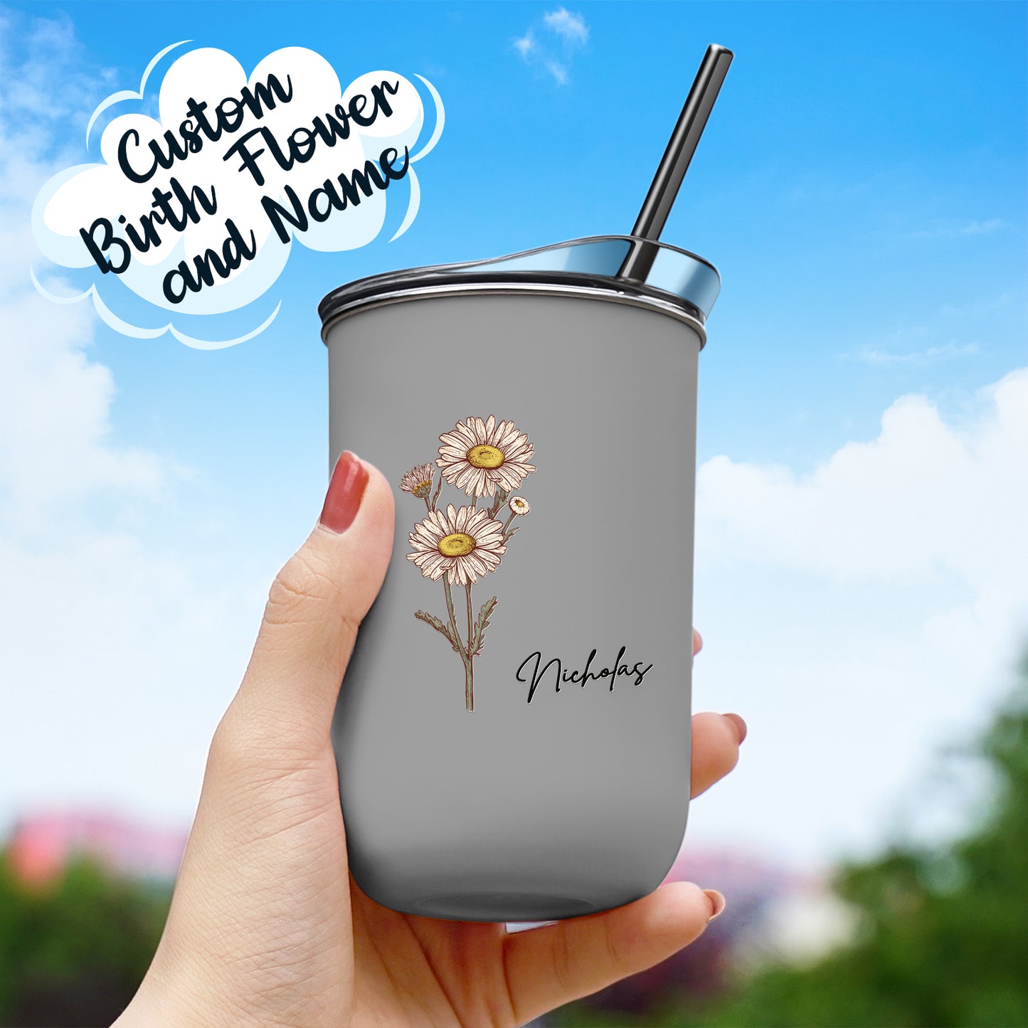 Custom Name Birth Flower Straw Coffee Cup 12oz/350ml - Personalized and Stylish