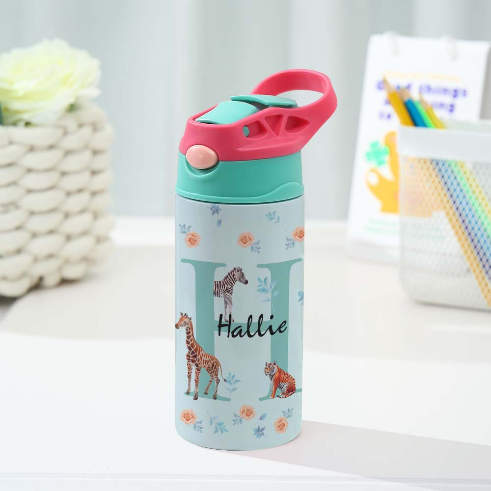 Personalized 12oz Water Bottle with Straw Animal Jungle Water Bottle Birthday Gift for Kids