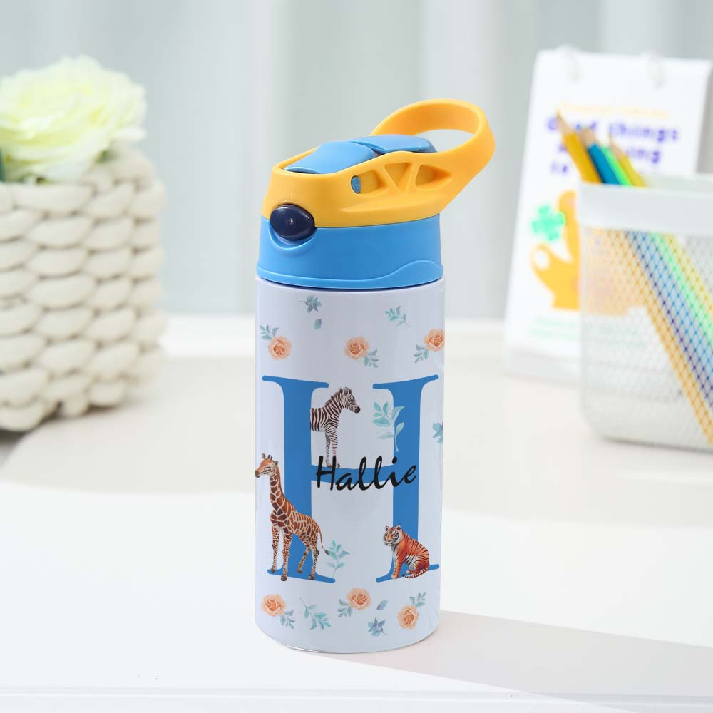 Personalized 12oz Water Bottle with Straw Animal Jungle Water Bottle Birthday Gift for Kids