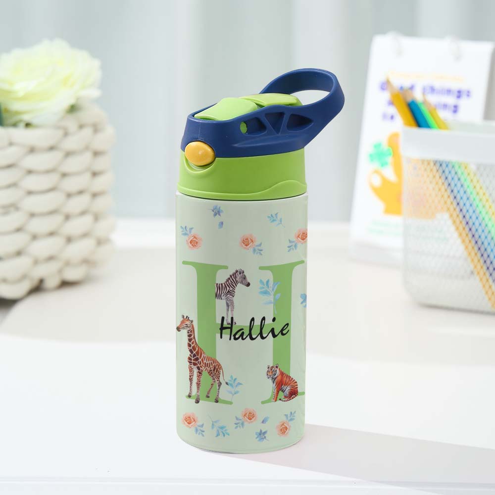 Personalized 12oz Water Bottle with Straw Animal Jungle Water Bottle Birthday Gift for Kids