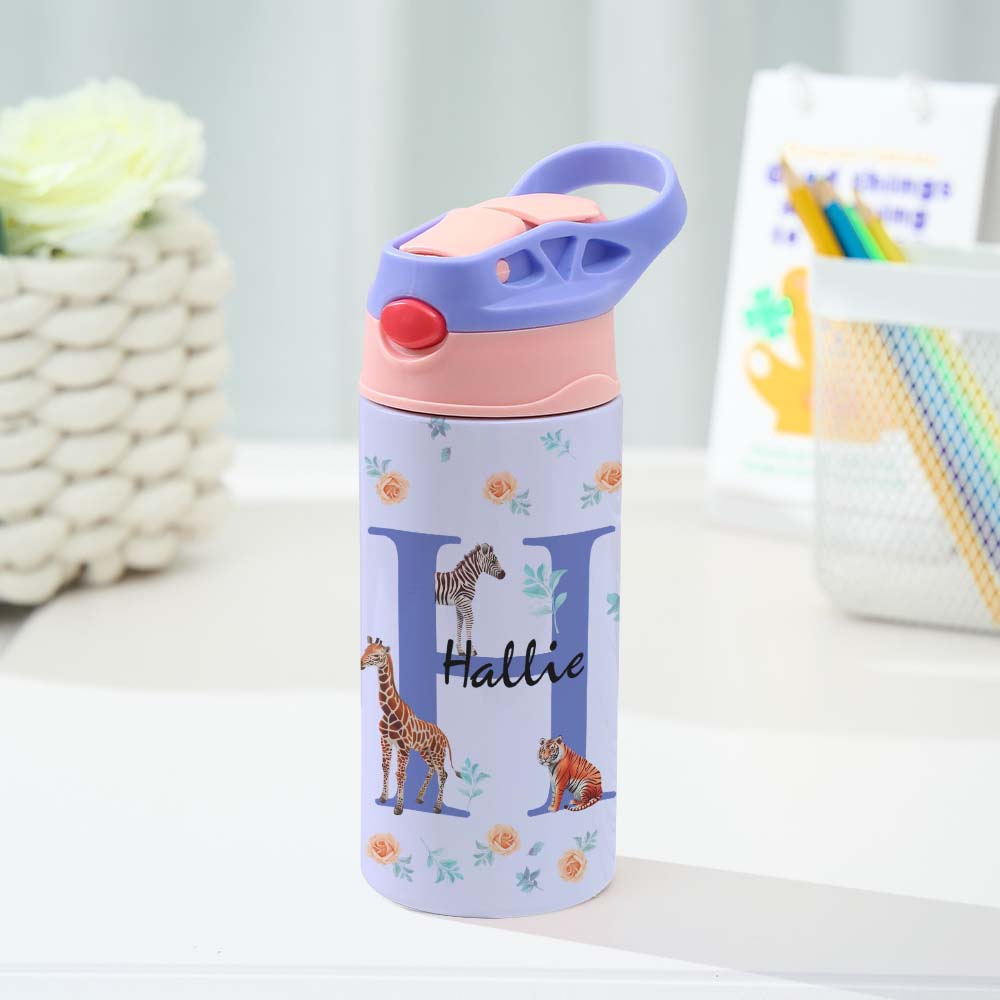 Personalized 12oz Water Bottle with Straw Animal Jungle Water Bottle Birthday Gift for Kids