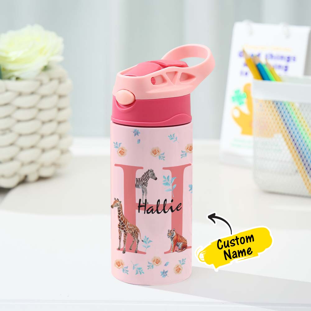 Personalized 12oz Water Bottle with Straw Animal Jungle Water Bottle Birthday Gift for Kids