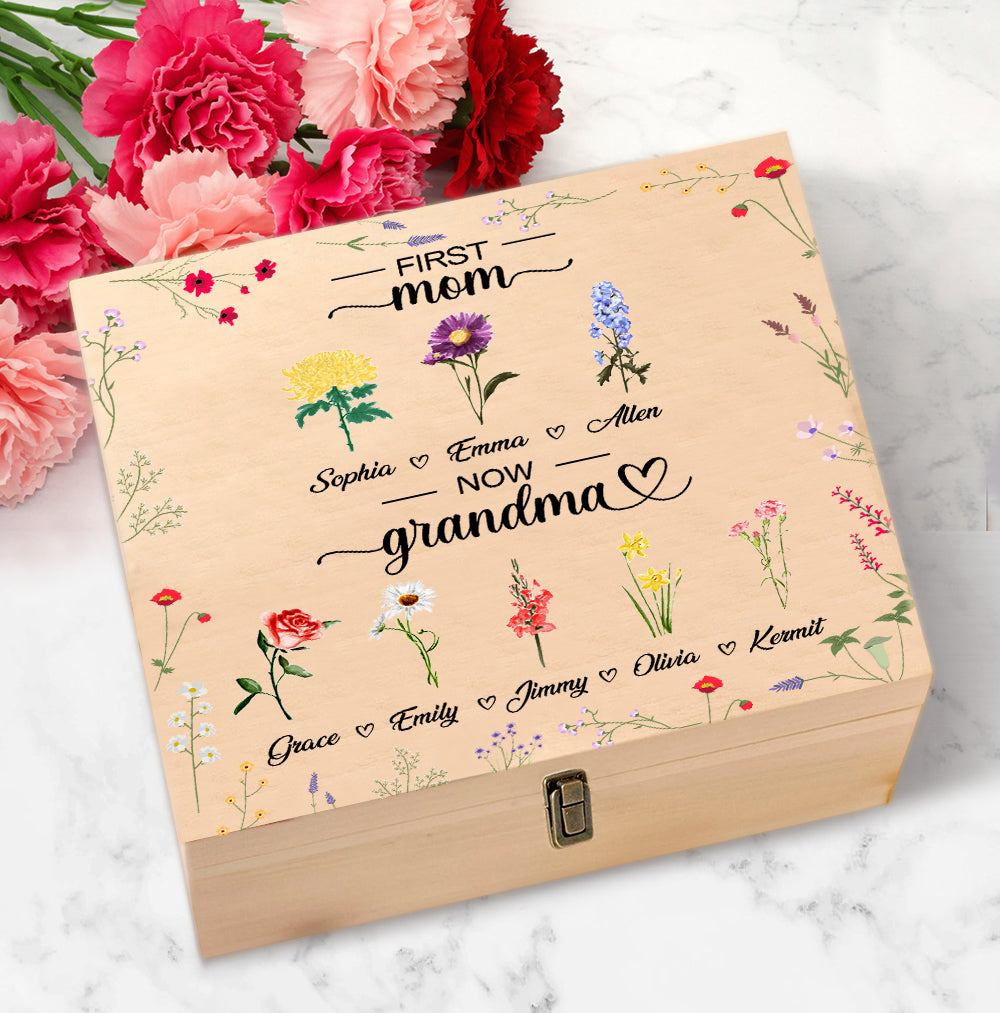 Personalized First Mom Now Grandma Keepsake Box Custom Birth Month Flowers Memory Box Gift For Grandma