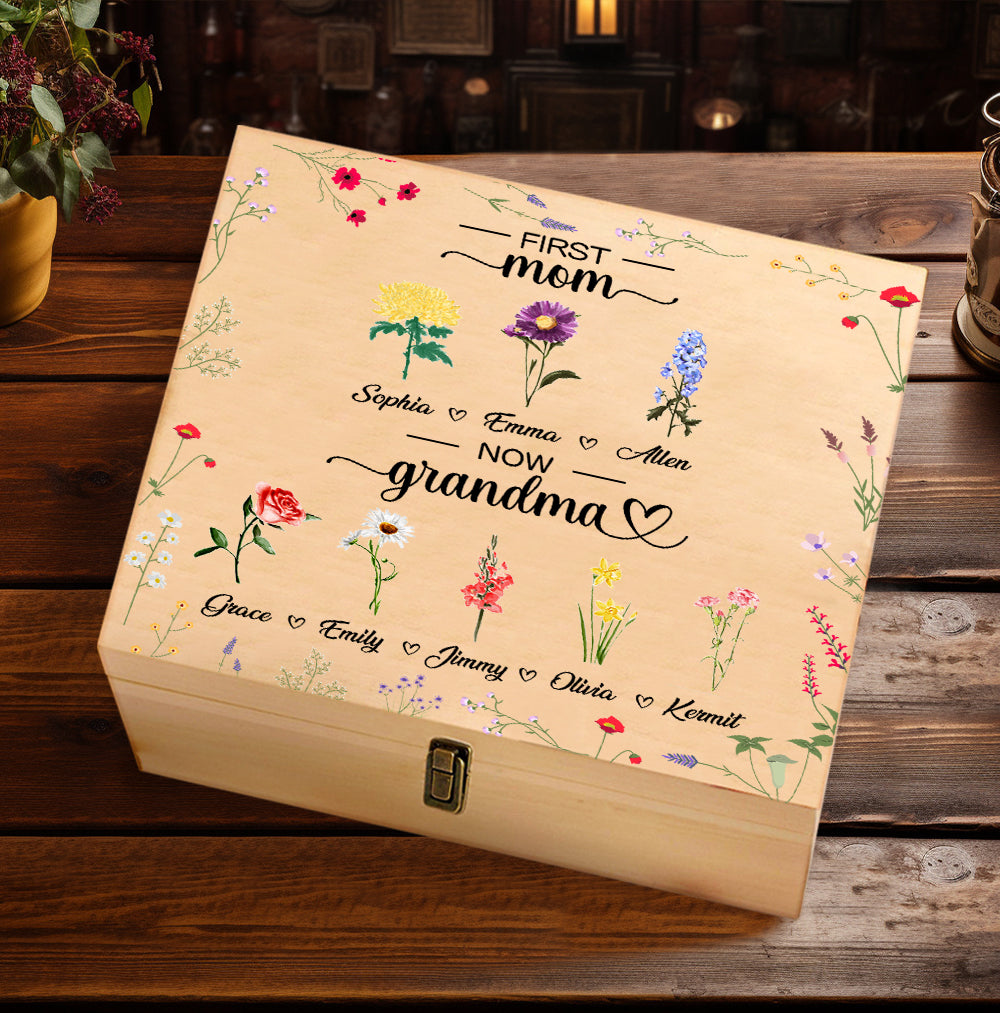 Personalized First Mom Now Grandma Keepsake Box Custom Birth Month Flowers Memory Box Gift For Grandma