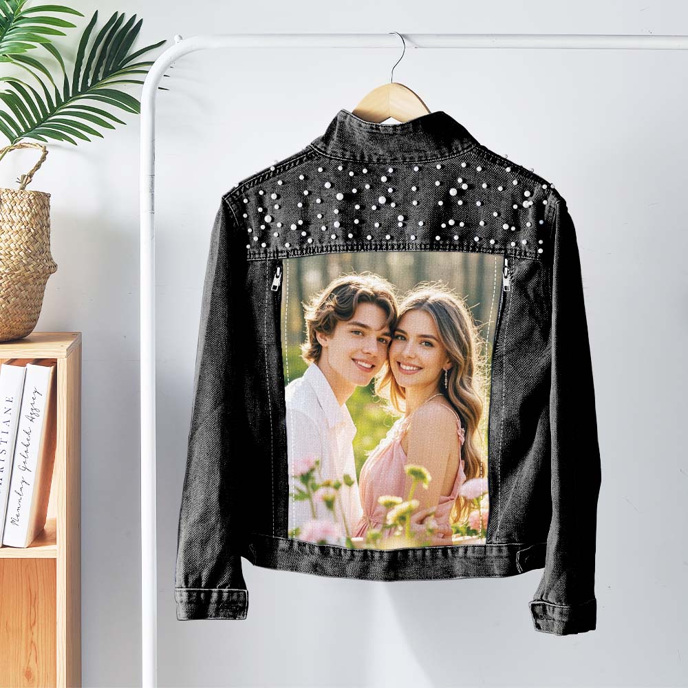 Custom Denim Jacket with Pearl Personalized Photo Jean Jacket Gift for Women