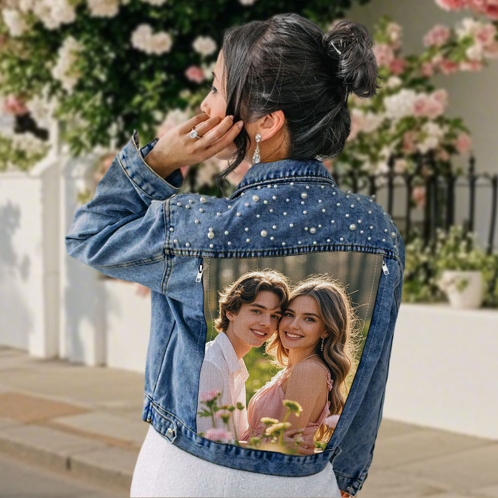 Custom Denim Jacket with Pearl Personalized Photo Jean Jacket Gift for Women