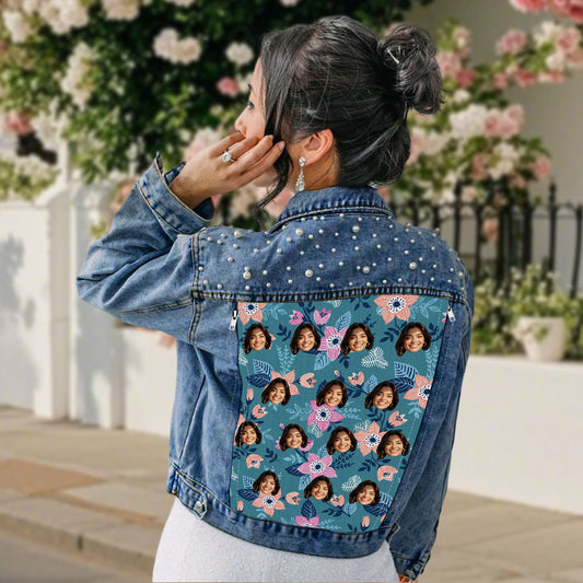 Personalized Funny Jean Jacket with Pearl Custom Face Hawaiian Style Denim Jacket Gift for Her