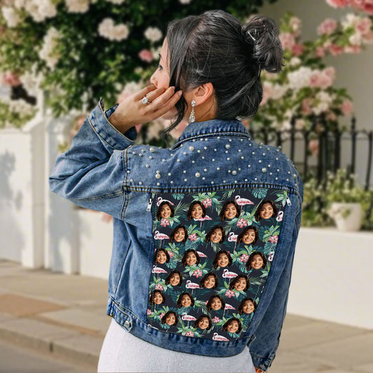 Personalized Jean Jacket with Pearl Custom Face Leaf Printing Denim Jacket Funny Gift for Her