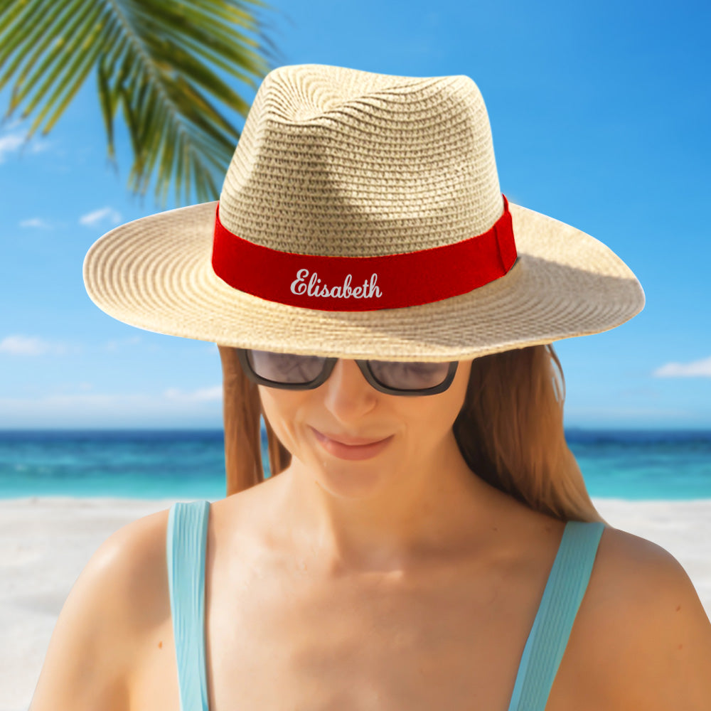 Personalized Straw Fedora Hat with Red Band Custom Beach Hat Gift for Bridesmaid Friends Family Bachelorette Party