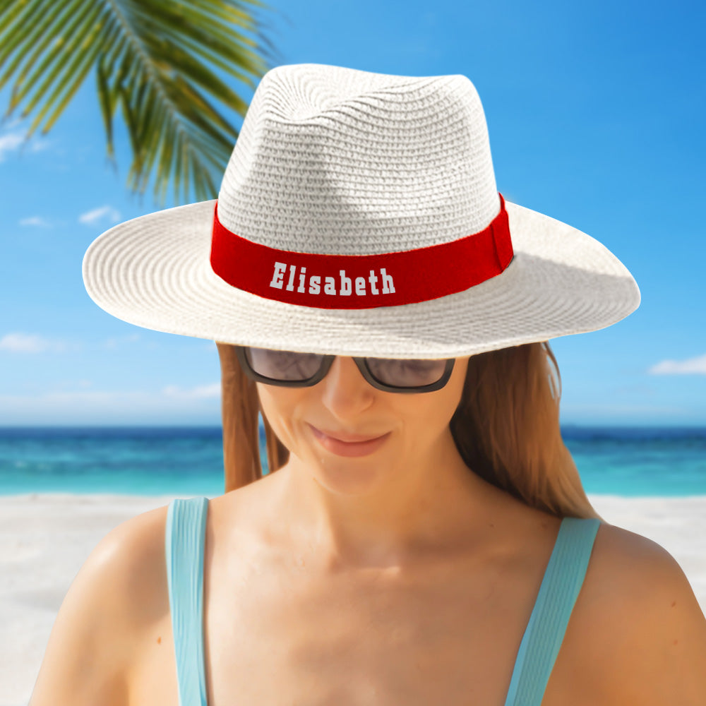 Personalized Straw Fedora Hat with Red Band Custom Beach Hat Gift for Bridesmaid Friends Family Bachelorette Party