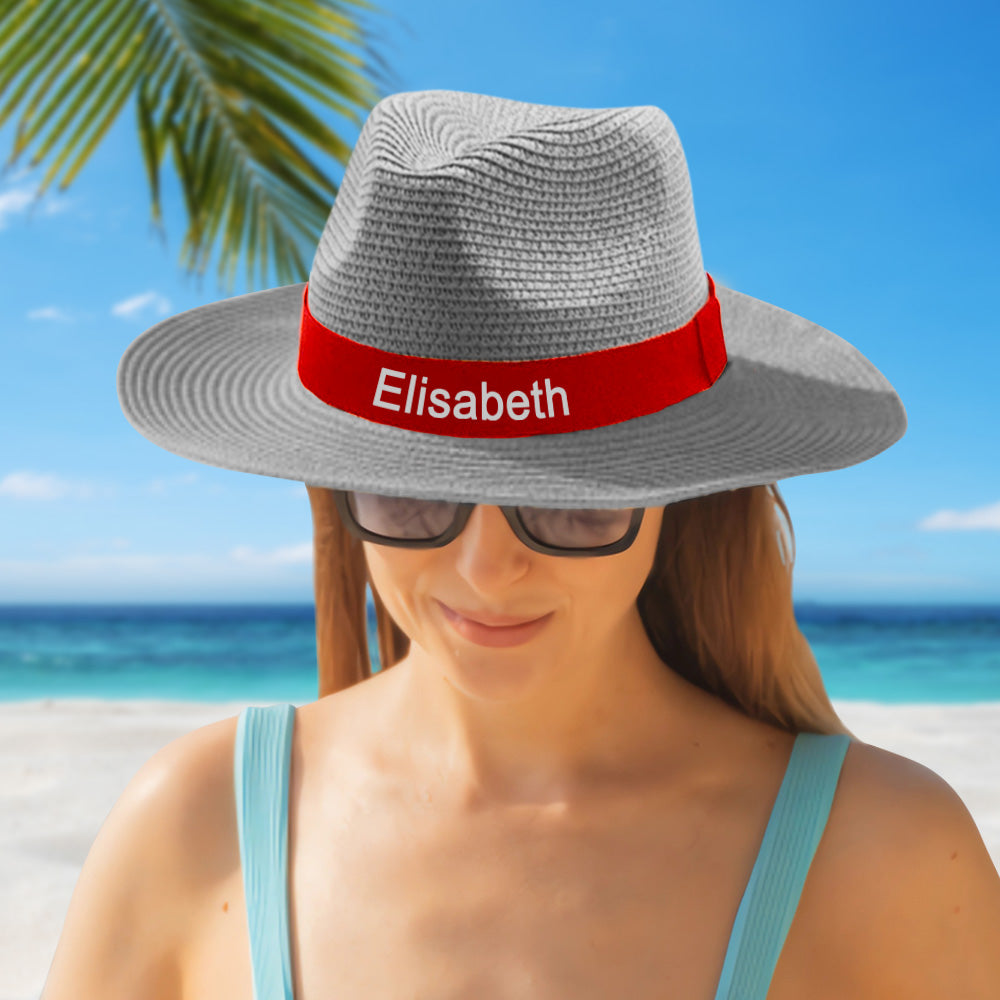 Personalized Straw Fedora Hat with Red Band Custom Beach Hat Gift for Bridesmaid Friends Family Bachelorette Party