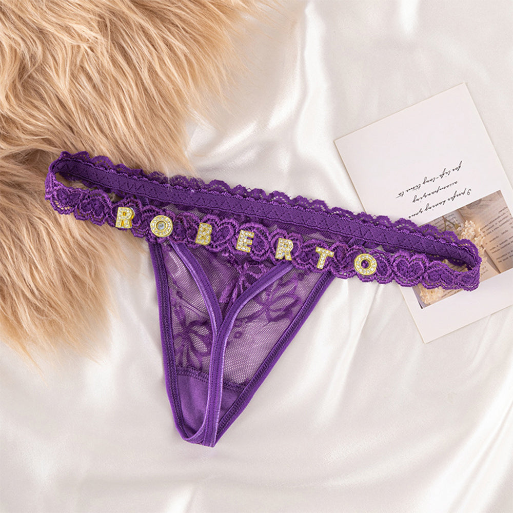 Custom Lace Thongs with Jewelry Crystal Letter Name Gift for Her