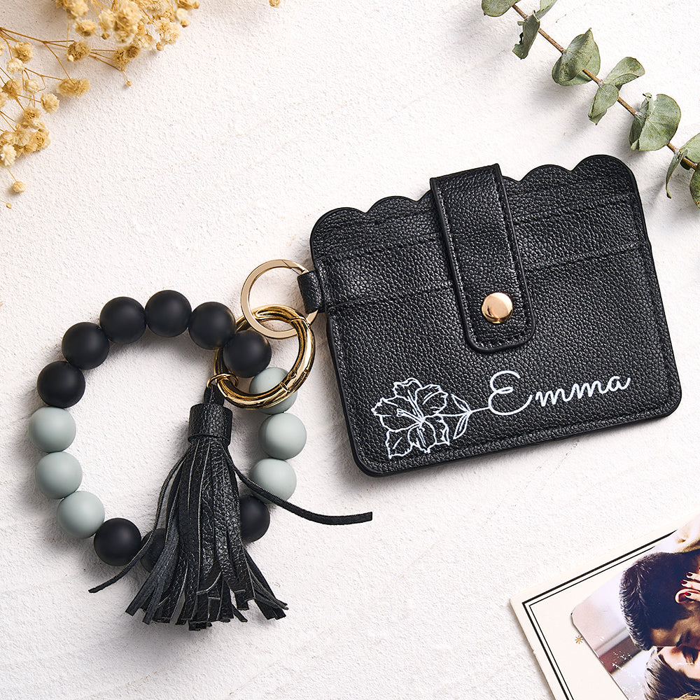 Personalized Birth Flower PU Leather Wallet with Beaded Bracelet Wallet Gift for Her