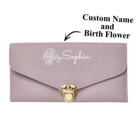 Personalized PU Leather Wallet Custom Birth Flower Wallet with Name Birthday Gift for Her