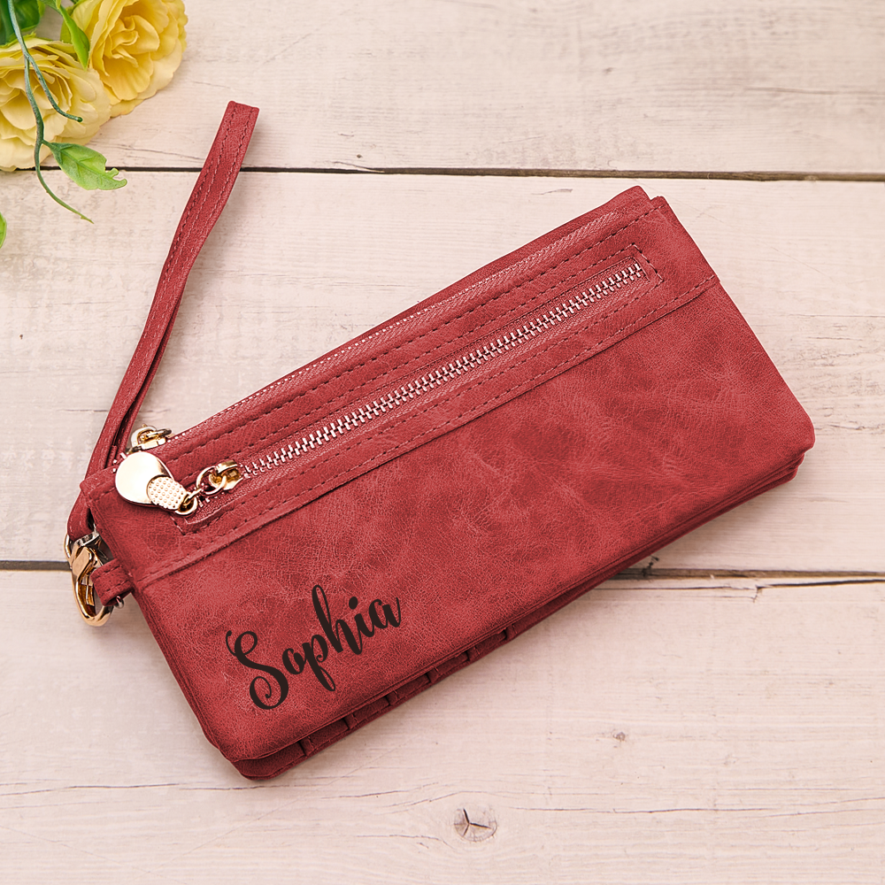 Personalized Leather Wallet with Wristlet Custom Text Wallet Birthday Bridesmaid Gift for Her