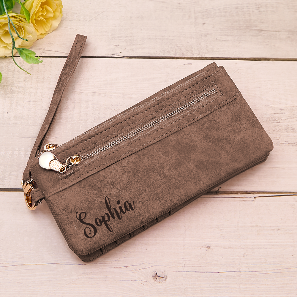 Personalized Leather Wallet with Wristlet Custom Text Wallet Birthday Bridesmaid Gift for Her