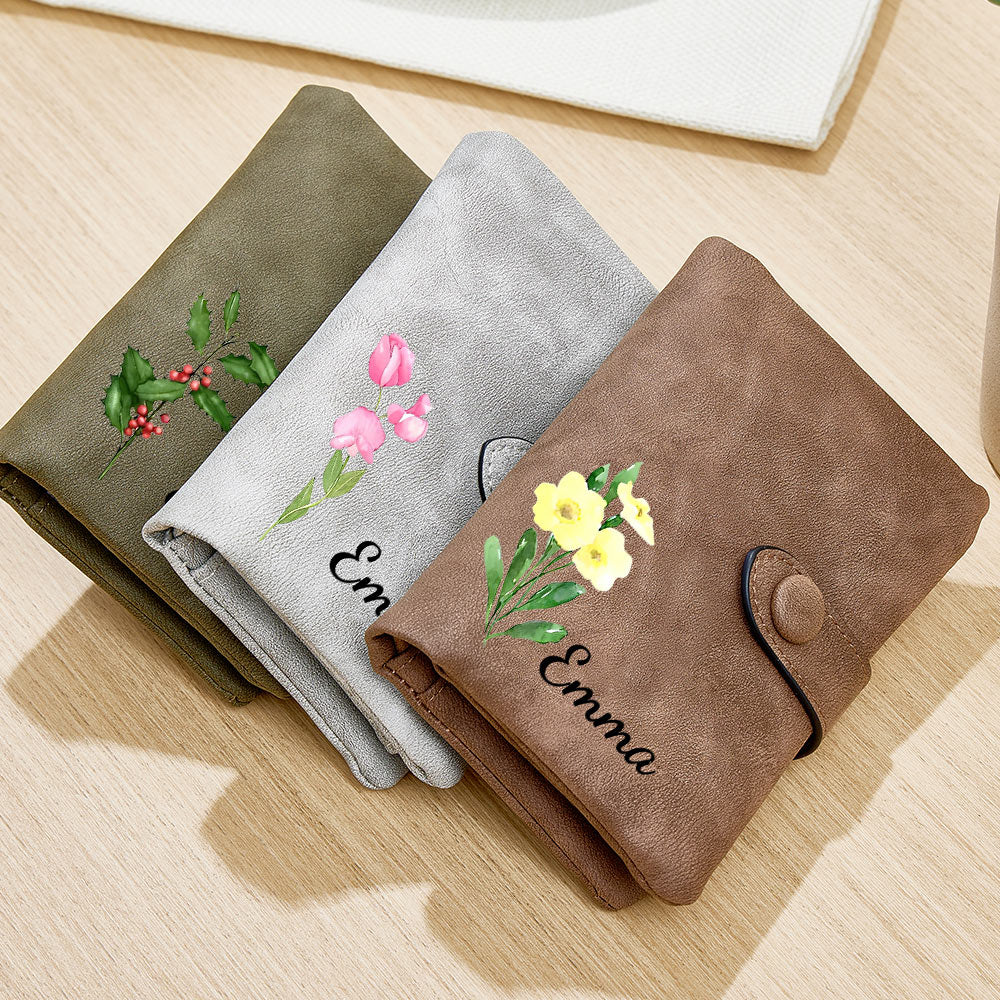 Personalized Name Colorful Birth Flower Wallet Card Holder Birthday Gift for her