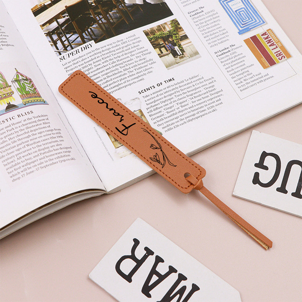 Custom Name Bookmark with Birth Month Flower for Book Personalized PU Leather Bookmark