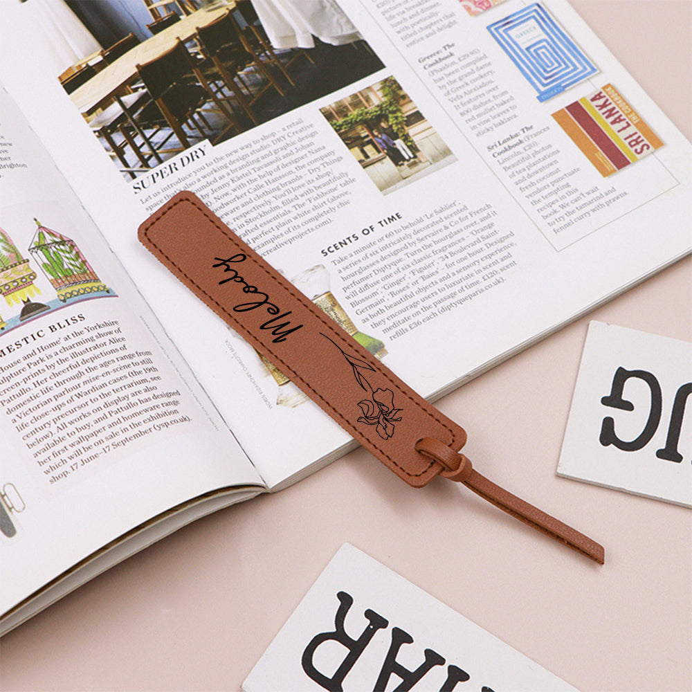 Custom Name Bookmark with Birth Month Flower for Book Personalized PU Leather Bookmark