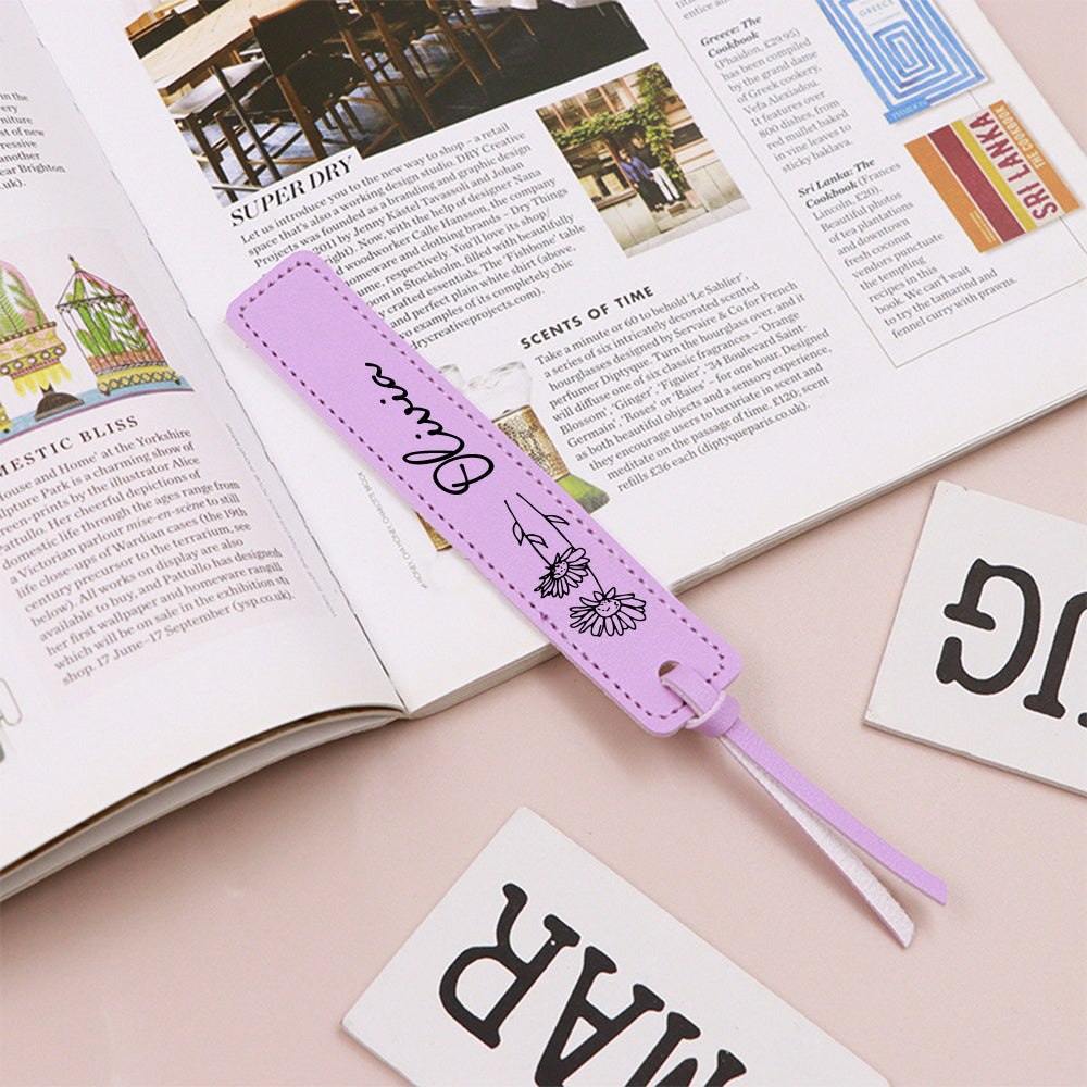 Custom Name Bookmark with Birth Month Flower for Book Personalized PU Leather Bookmark