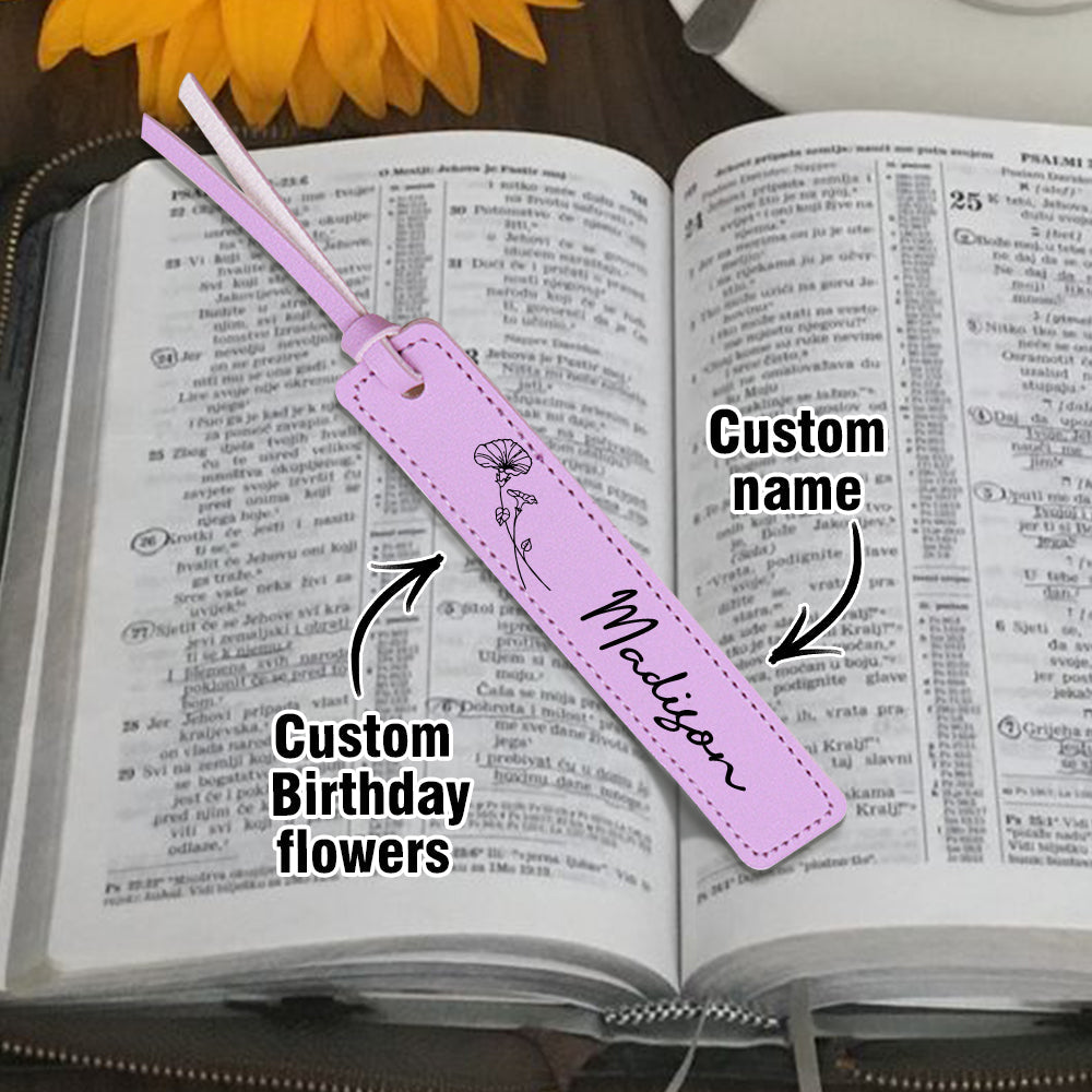 Custom Name Bookmark with Birth Month Flower for Book Personalized PU Leather Bookmark