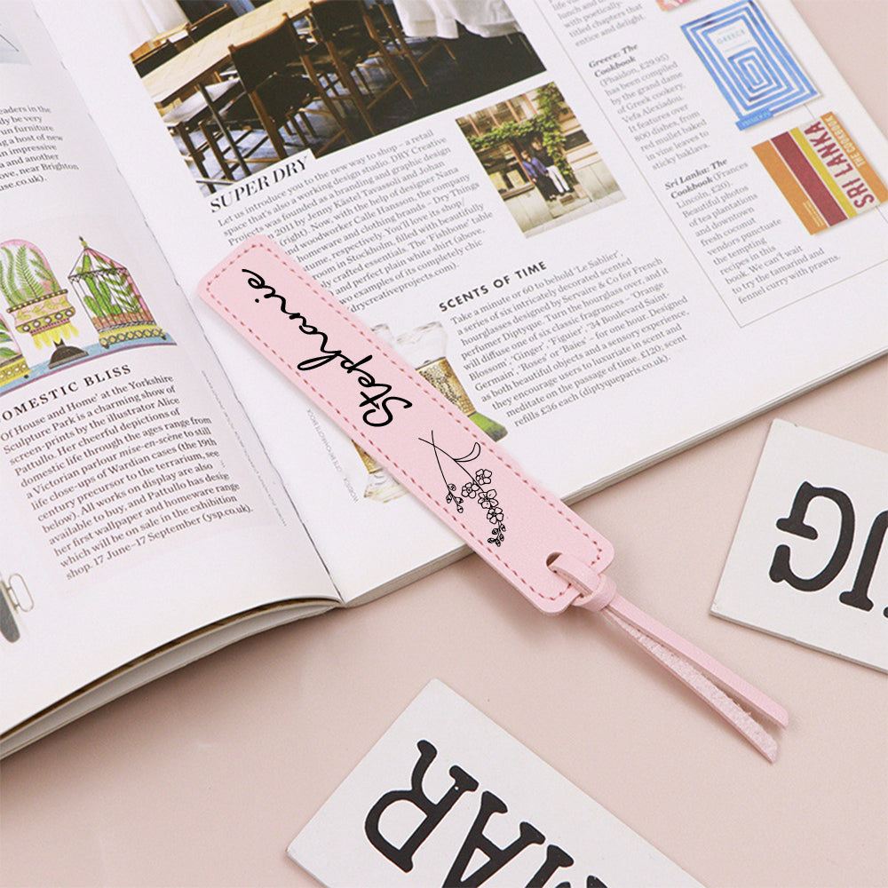 Custom Name Bookmark with Birth Month Flower for Book Personalized PU Leather Bookmark