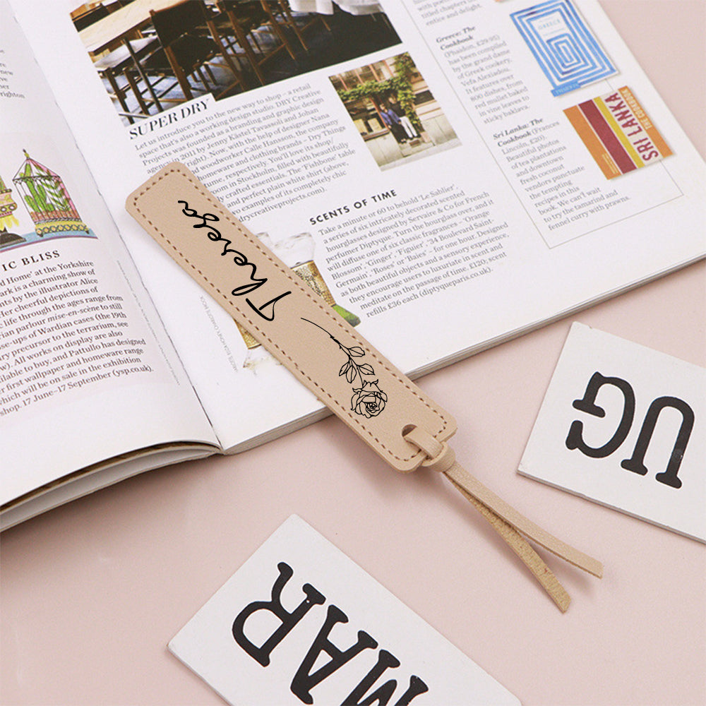 Custom Name Bookmark with Birth Month Flower for Book Personalized PU Leather Bookmark