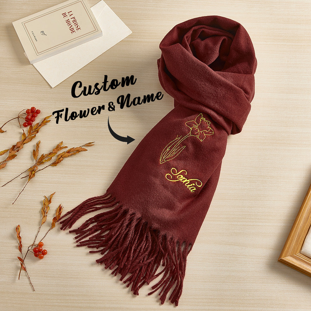 Personalized Birth Month Flower Custom Name Scarf - Unique Christmas Gift