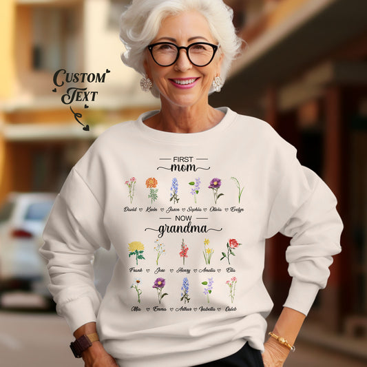 Personalized First Mom Now Grandma Sweatshirt Custom Birth Flowers Sweatshirts for Mother's Day Gift