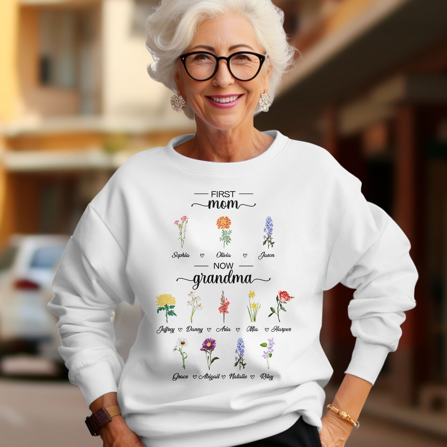 Personalized First Mom Now Grandma Sweatshirt Custom Birth Flowers Sweatshirts for Mother's Day Gift