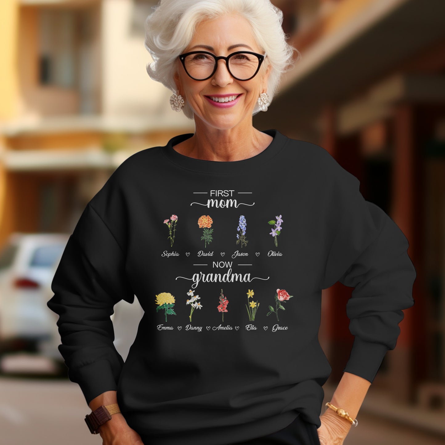 Personalized First Mom Now Grandma Sweatshirt Custom Birth Flowers Sweatshirts for Mother's Day Gift