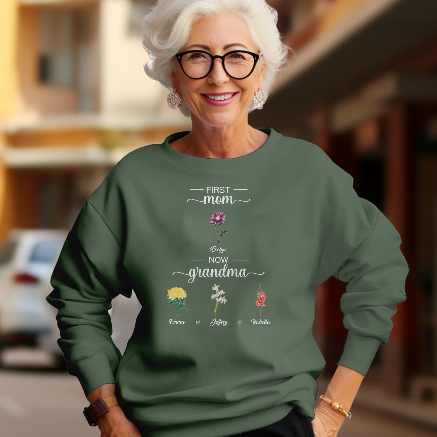 Personalized First Mom Now Grandma Sweatshirt Custom Birth Flowers Sweatshirts for Mother's Day Gift